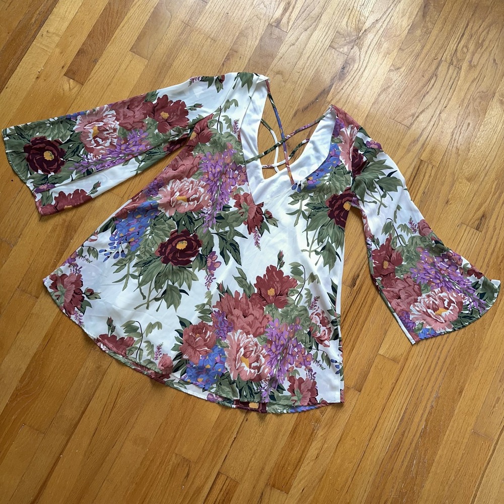 Show Me Your Mumu Dress XS White Pink Floral Joni Flow Bell Sleeve Boho Coquette - Picture 4 of 7